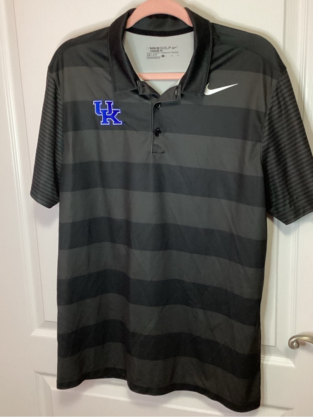 Nike Black and Dark Gray Striped Polo with Blue UK Logo
